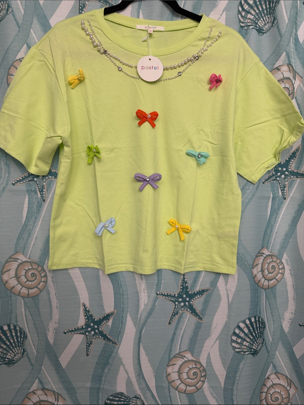 Pastels Lime Green Short Sleeve Tee with Multicolor Bow Appliqués